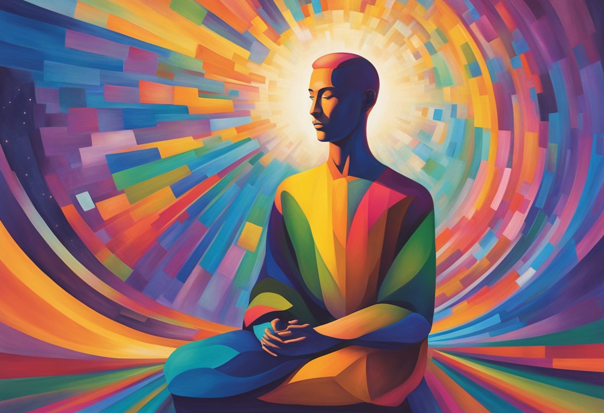 A serene figure surrounded by vibrant colors and light, symbolizing the liberation and resilience of a male cancer thriver's soul