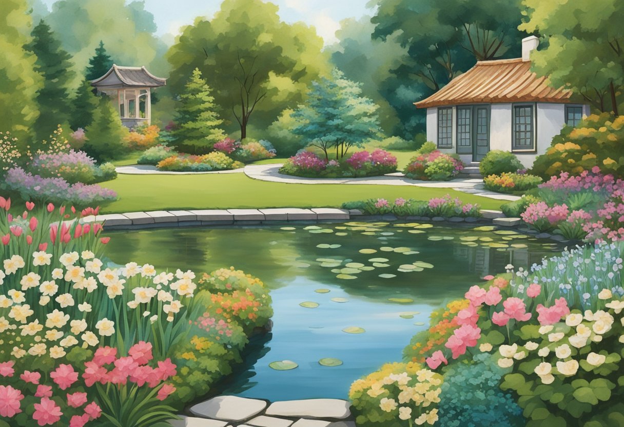 A serene garden with a winding path, blooming flowers, and a peaceful pond, surrounded by supportive friends and family