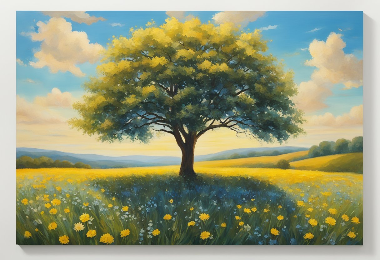 A lone tree standing tall amidst a field of wildflowers, bathed in warm sunlight with a clear blue sky overhead