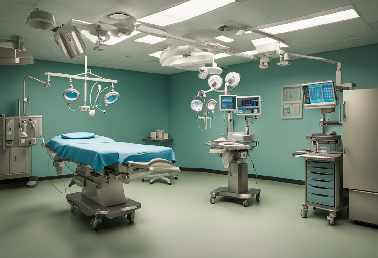 A sterile operating room with surgical instruments laid out on a tray, a bright overhead light, and a patient bed in the center