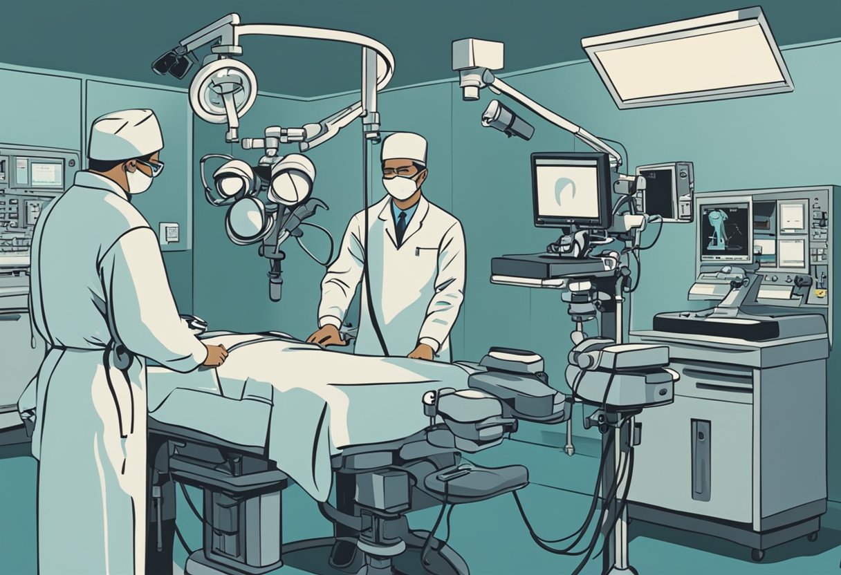 A surgeon performing a mediastinoscopy on a patient, with medical equipment and monitors surrounding the operating table