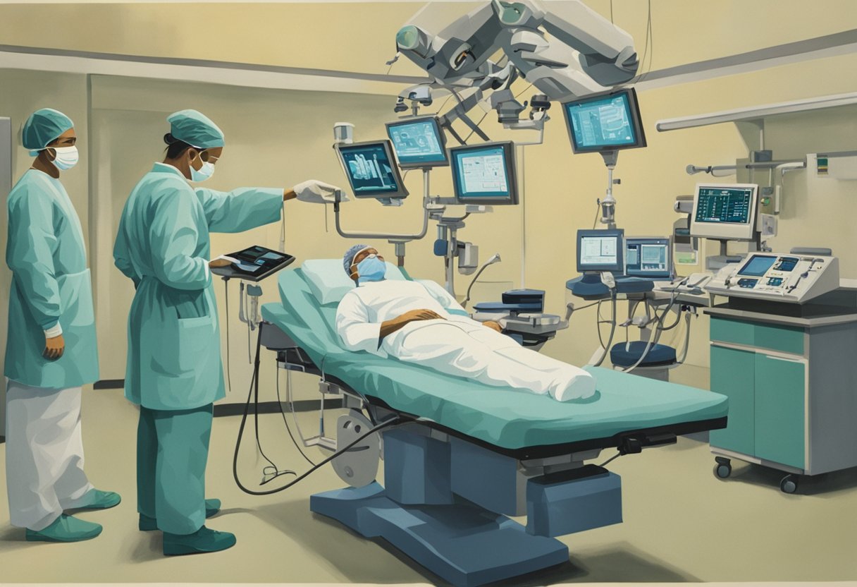A surgeon performing a mediastinoscopy, surrounded by medical equipment and monitors, with a patient lying on an operating table