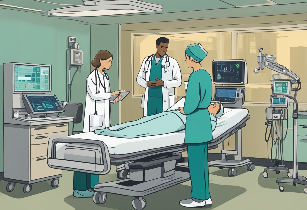 A patient lying on a hospital bed, surrounded by medical equipment and monitors, with a doctor and nurse standing nearby discussing the recovery process