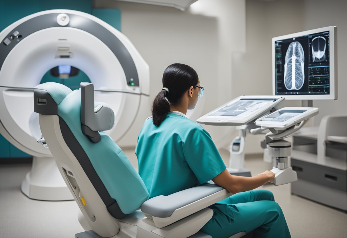 A close-up of a radiologist using imaging equipment to locate and track the MagSeed in a patient's body