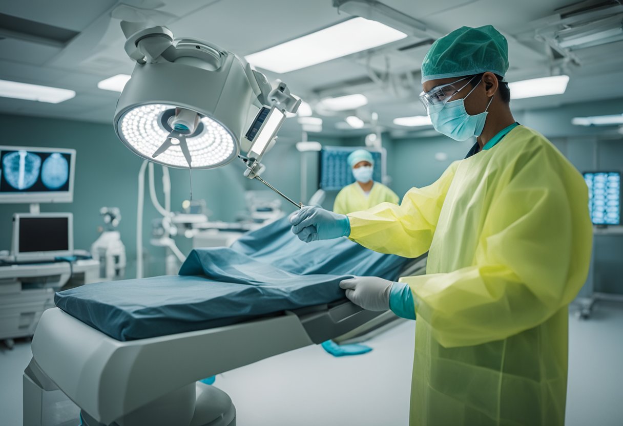 A surgeon in a sterile operating room uses a MagSeed to mark a tumor for removal on a medical imaging screen