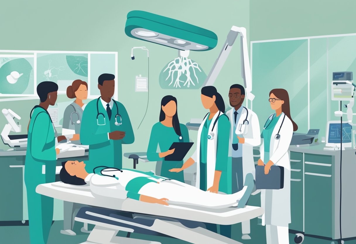 A doctor performing a bone marrow biopsy on a patient with lymphoma. The patient is lying on a medical bed, surrounded by medical equipment and a team of healthcare professionals