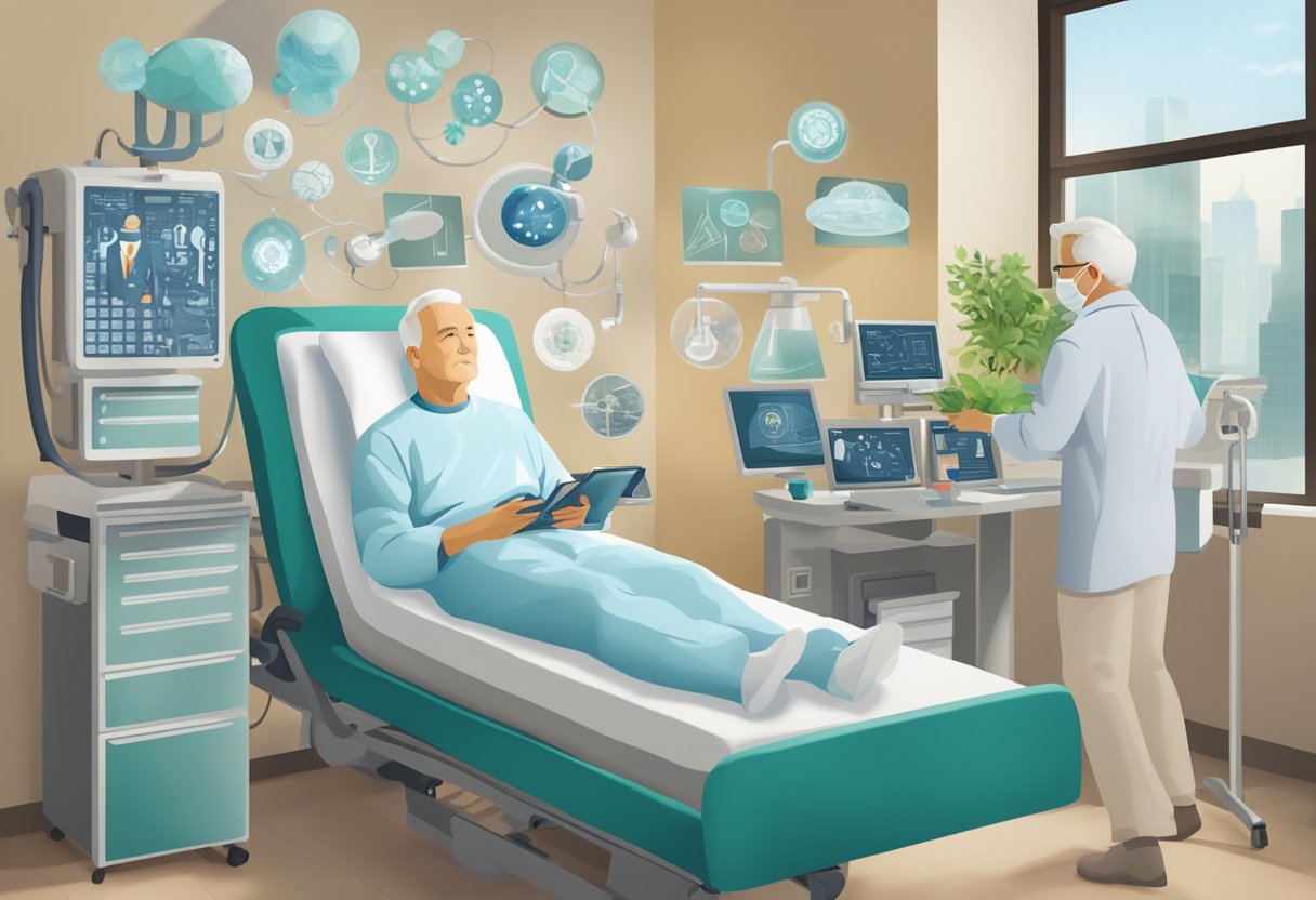 A male cancer survivor engaging in purposeful activities, surrounded by medical treatments and technologies