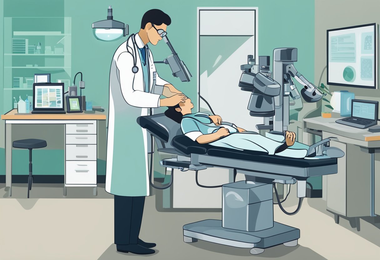 A doctor performing a bone marrow biopsy on a patient, with medical equipment and a microscope present in the room