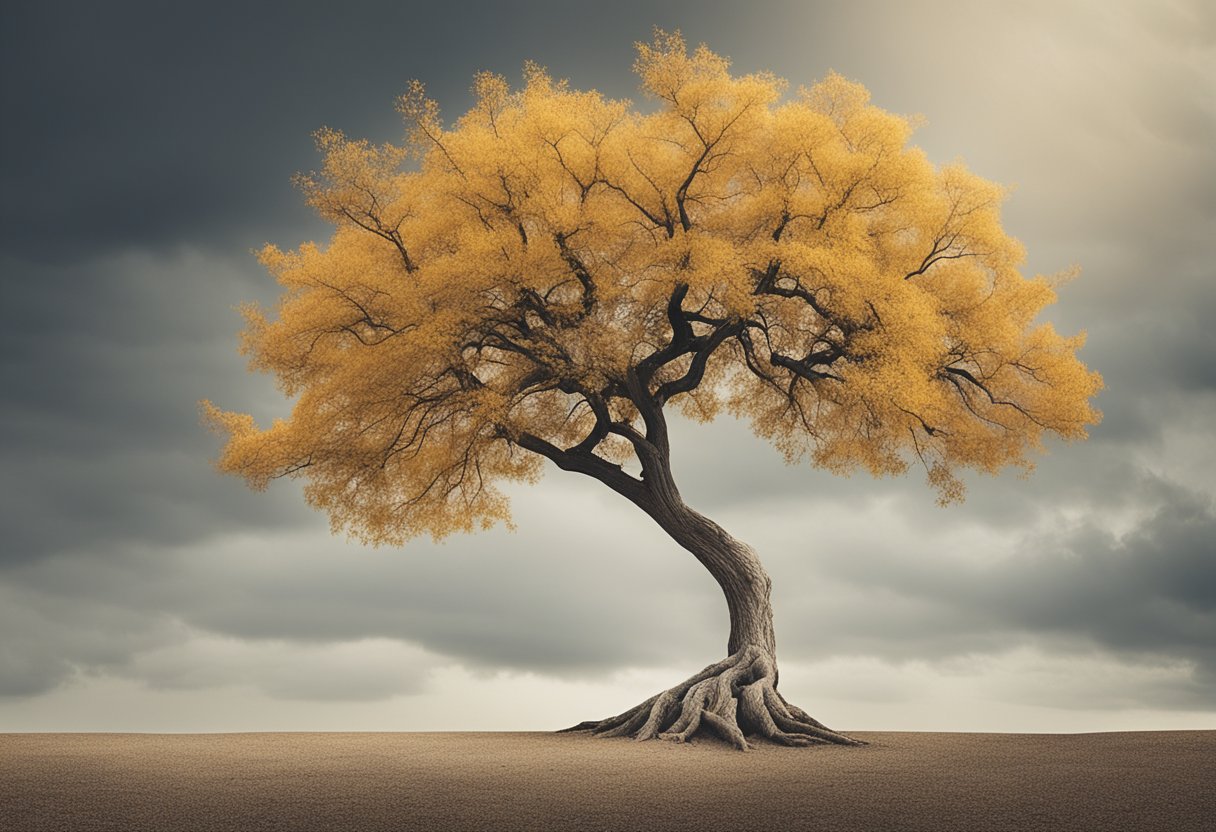 A lone tree shedding its leaves in a barren landscape, symbolizing the inevitability of aging and change