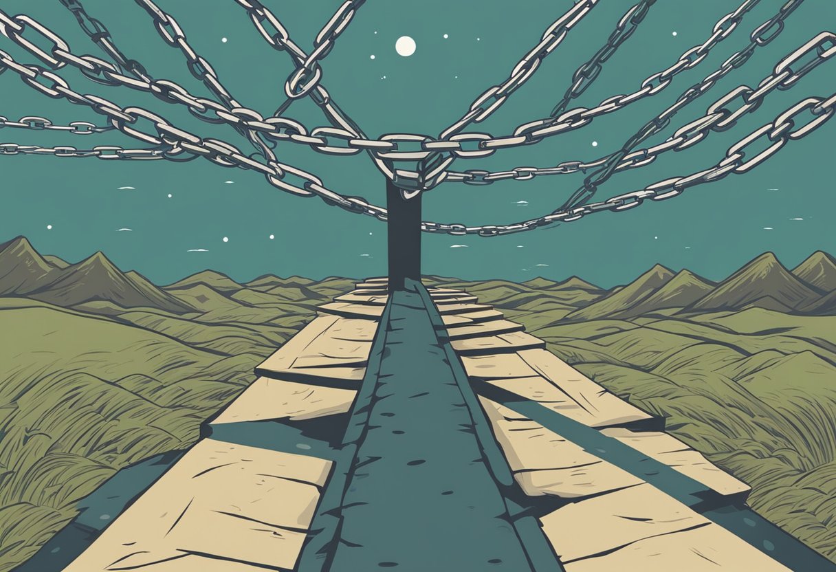 A person standing at a crossroads, with one path leading to destruction and the other to growth and change. The destructive path is littered with broken chains and barriers, while the path to change is clear and inviting