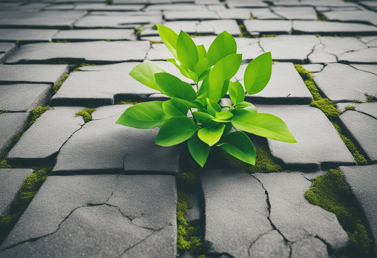 A vibrant green plant bursting through cracked concrete