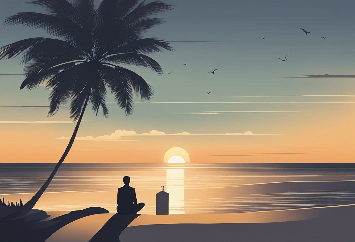 A serene beach at sunset, with a lone figure sitting on the sand, gazing out at the horizon with a sense of peace and contemplation
