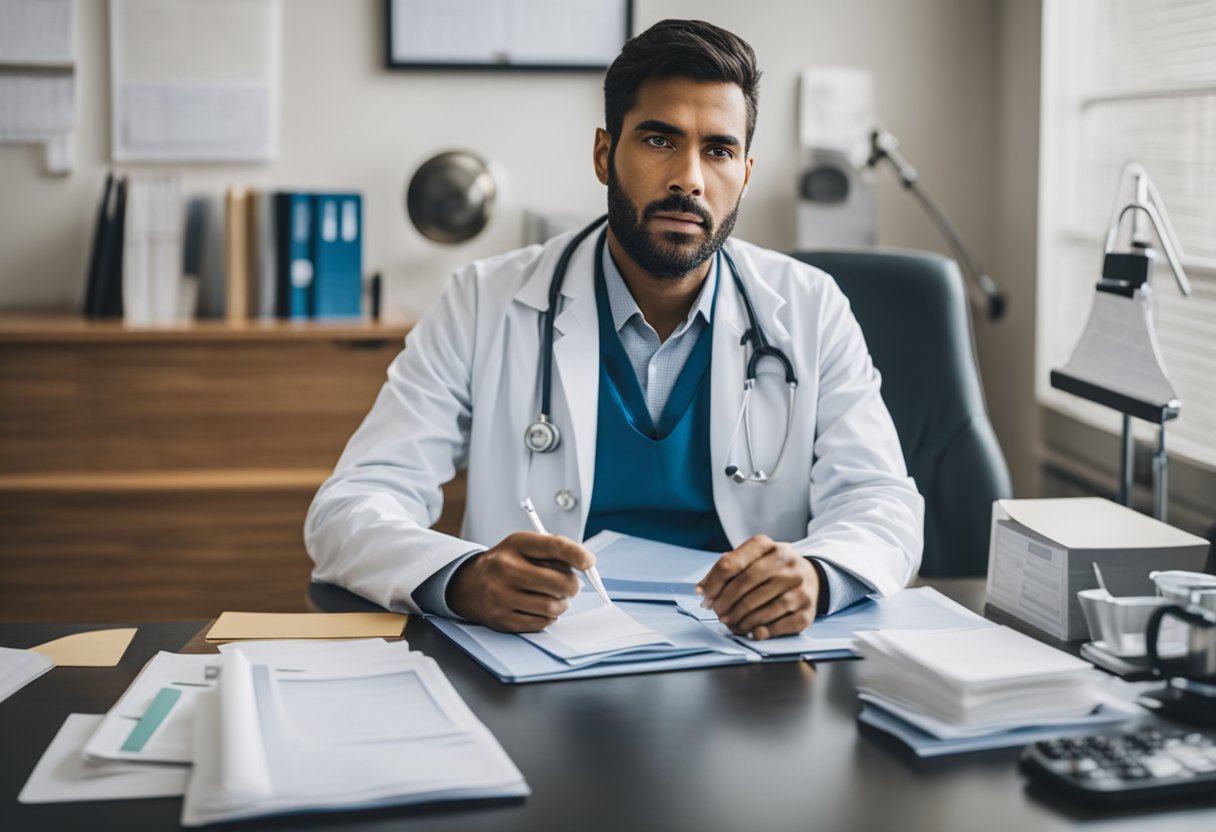 A man sits in a doctor's office, surrounded by pamphlets and medical equipment. He looks determined and focused, ready to discuss his treatment options