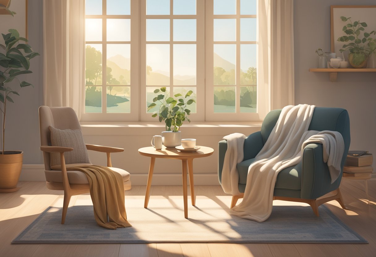 A serene, sunlit room with a comfortable chair, soft blankets, and a table holding a cup of tea and a journal. A peaceful atmosphere with a sense of hope and resilience