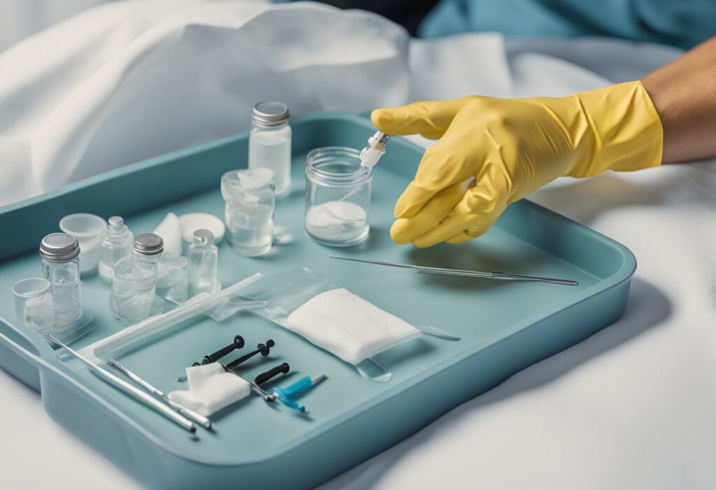 A sterile medical tray holding various instruments, vials, and gauze. A gloved hand reaching for a needle and syringe. A patient bed with clean white sheets