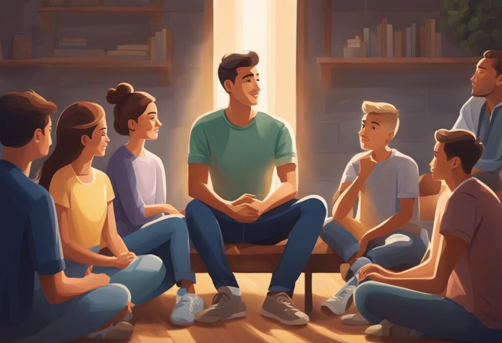 A man sits calmly, surrounded by supportive friends and family. A beam of light shines on him, symbolizing hope and determination in the face of cancer