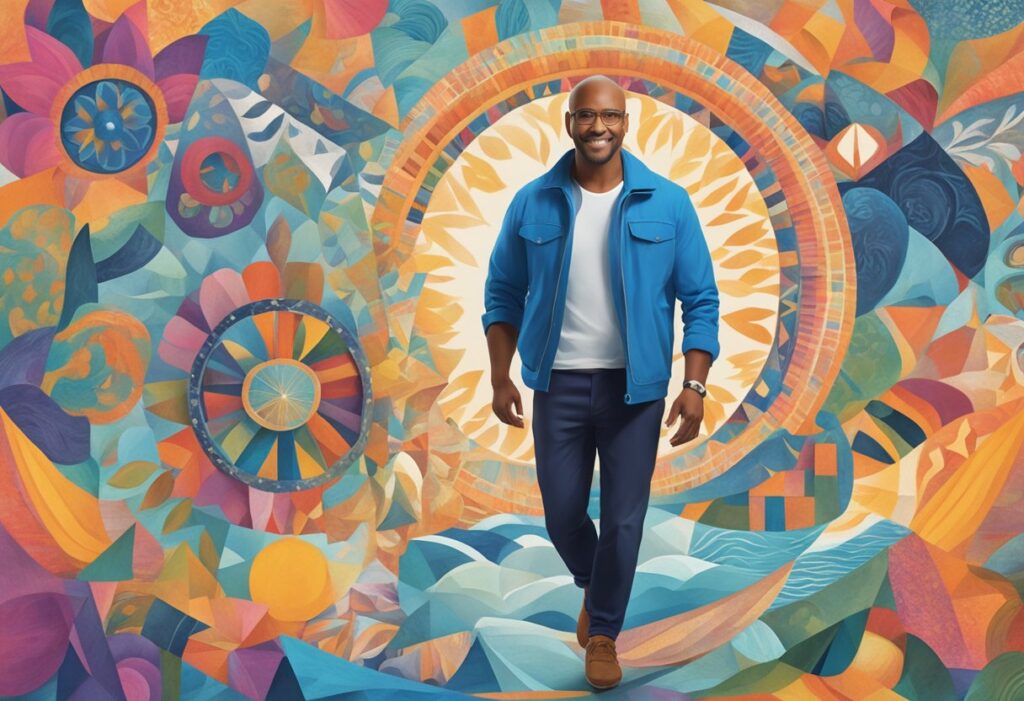 A male cancer thriver stands confidently, surrounded by vibrant colors and symbols of strength and resilience, with a clear focus on moving beyond survival