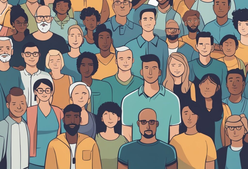 A group of diverse individuals gather around a man, offering support and encouragement as he stands confidently, symbolizing the role of community and support systems for male cancer survivors