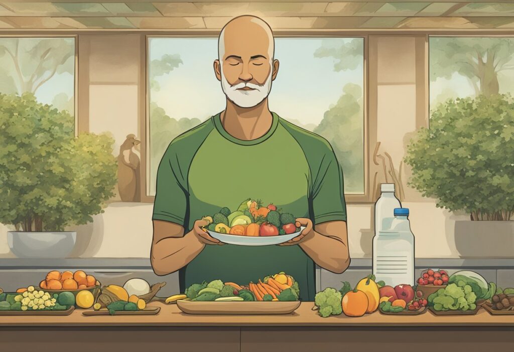 A man engaging in exercise, healthy eating, and mindfulness practices while undergoing cancer treatment