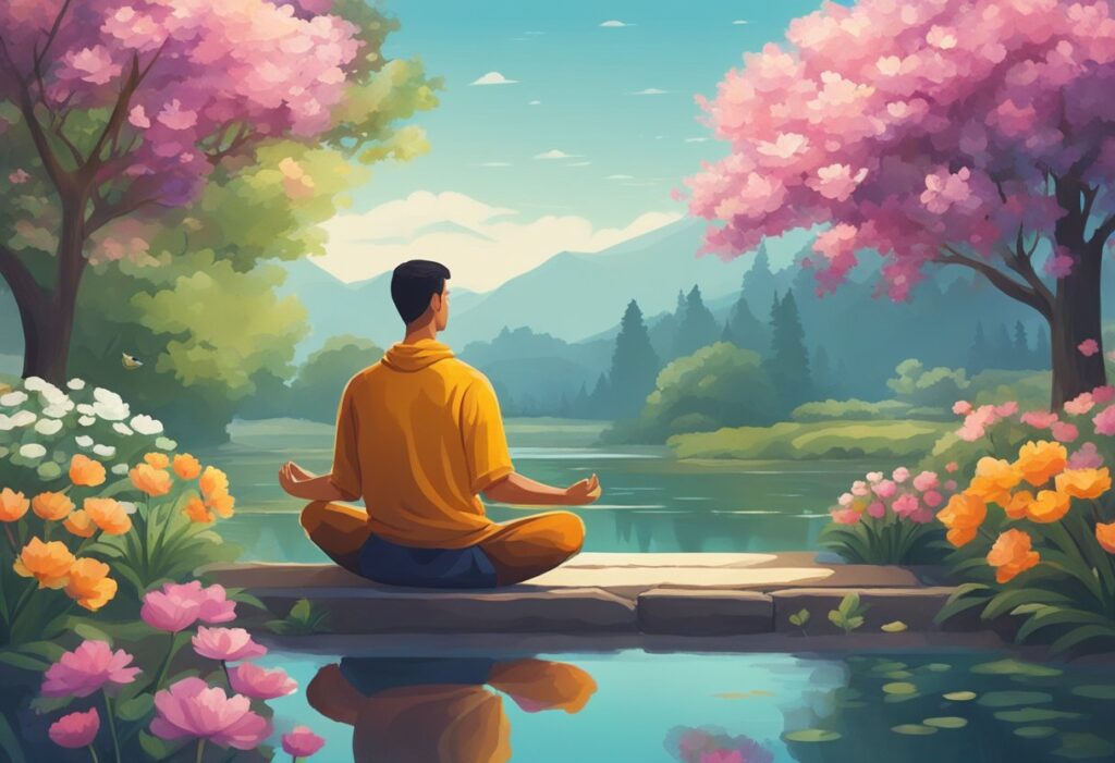 A man meditates in a peaceful garden, surrounded by vibrant flowers and a serene pond, finding strength and resilience in the midst of emotional challenges