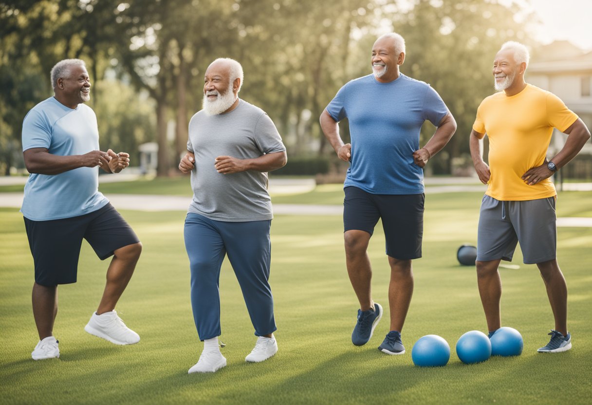 A group of male cancer survivors engaging in various treatment modalities such as exercise, support groups, and counseling