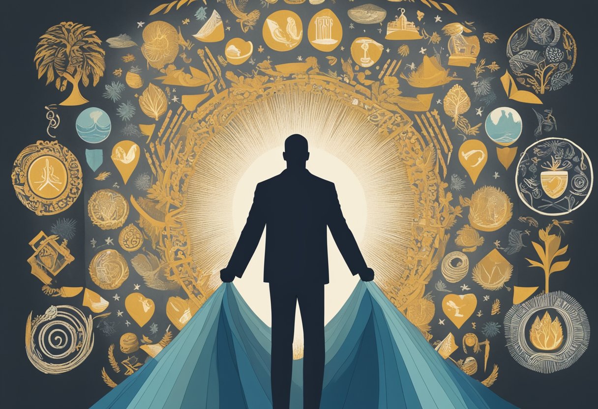 A male cancer survivor standing confidently, surrounded by symbols of strength and resilience