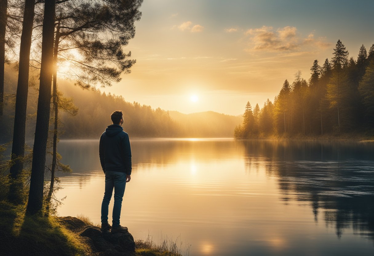 A man standing at the edge of a forest, looking out at a bright sunrise over a calm lake