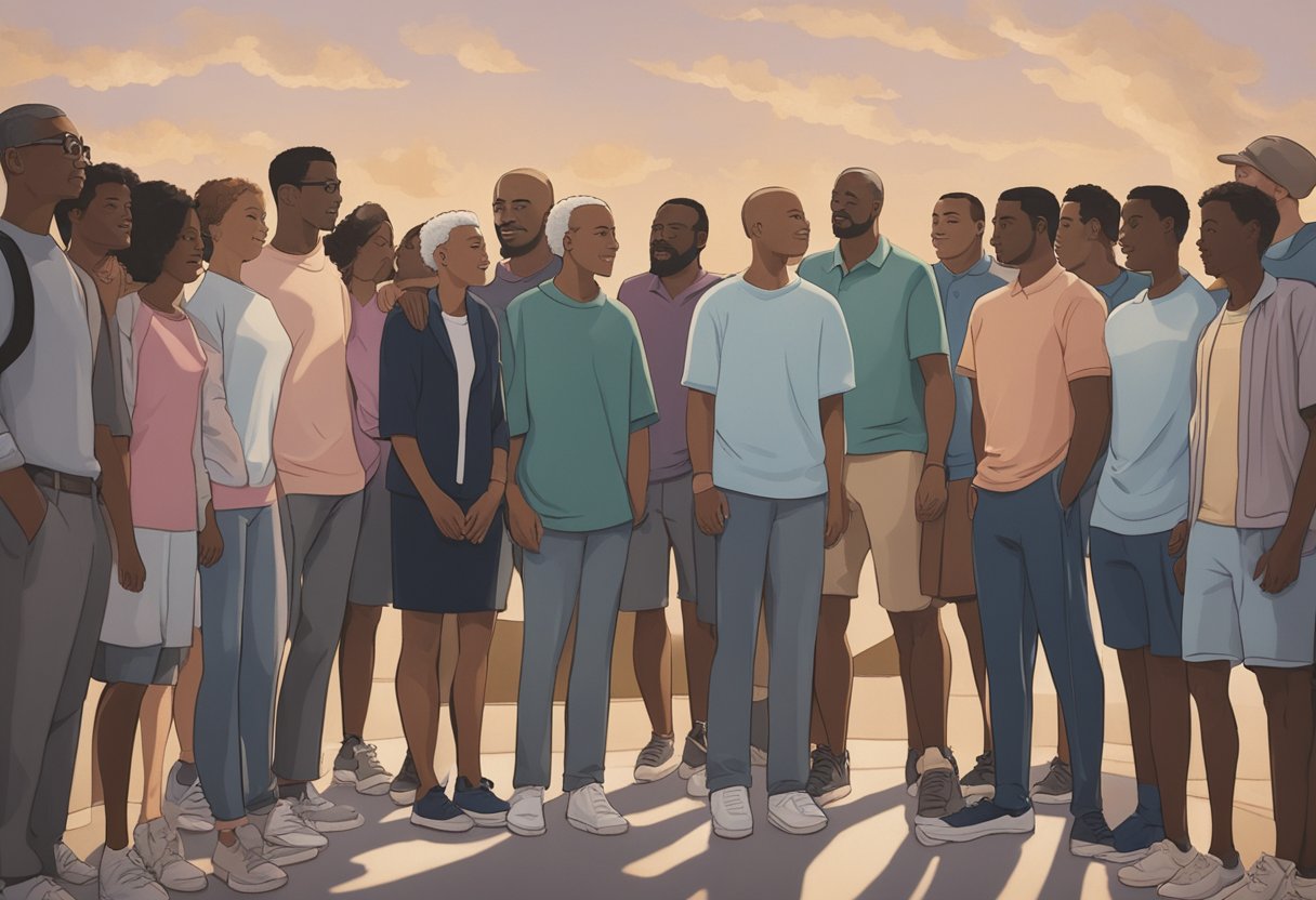 A male figure stands tall, surrounded by a group of supportive friends and family. The scene exudes strength, hope, and resilience in the face of cancer
