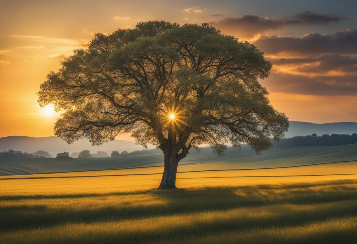 A lone tree stands tall in a field, its branches reaching towards the sky. The sun sets behind it, casting a warm glow over the landscape