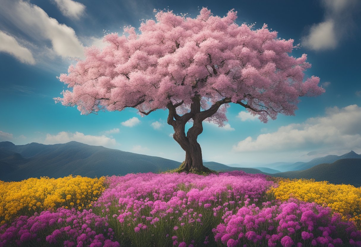 A lone tree standing tall and strong, surrounded by vibrant, blooming flowers, symbolizing resilience and triumph over adversity