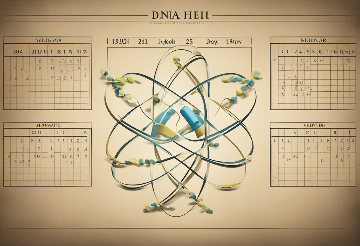 A DNA double helix intertwines with biomarker symbols against a backdrop of a calendar marking five years