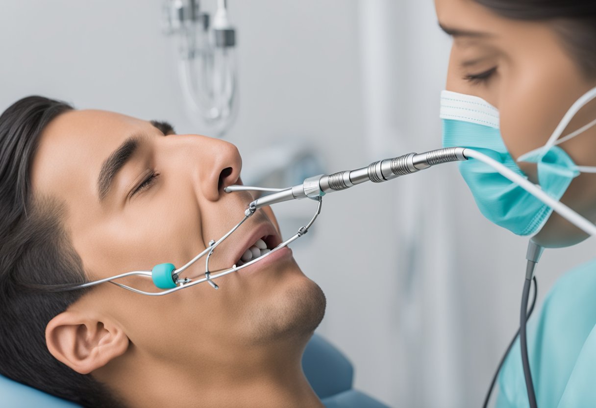 A bronchoscope inserted into a patient's open mouth, guided by a medical professional