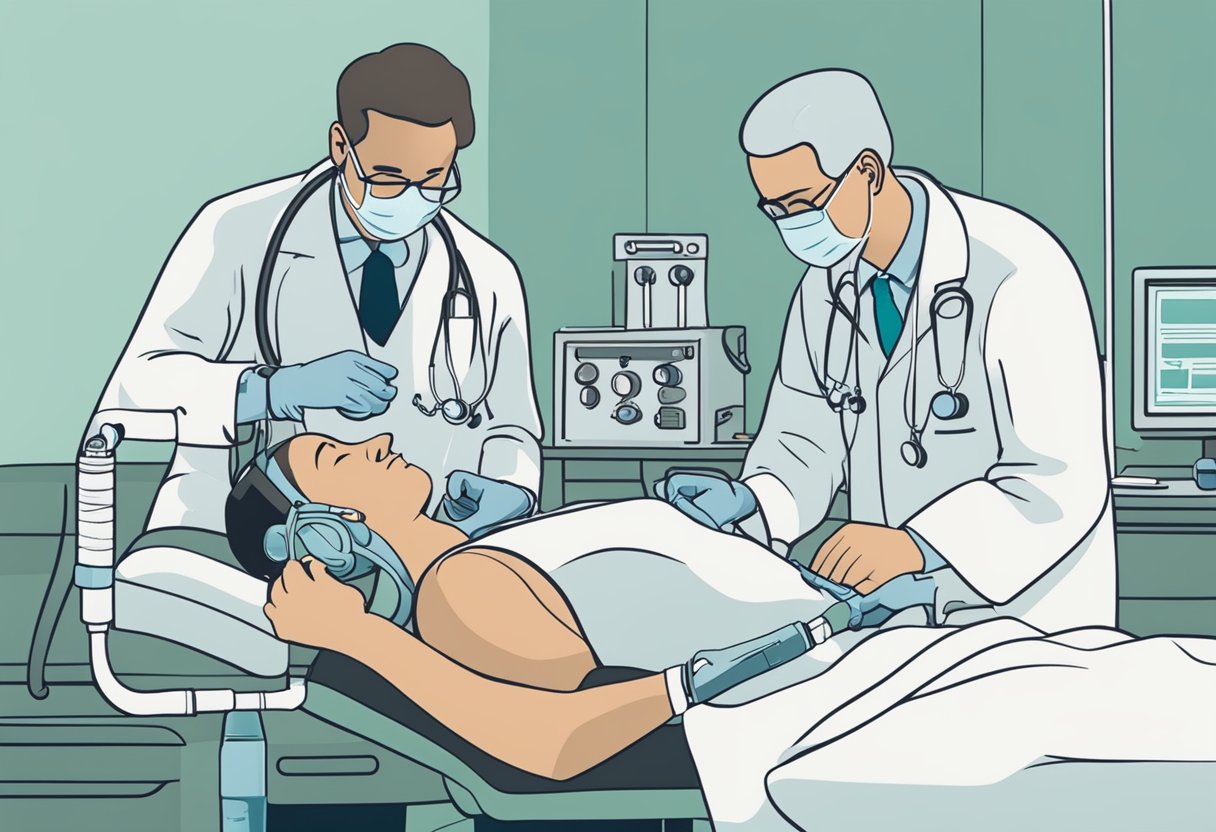 A doctor performing a bronchoscopy on a patient, using a flexible tube to examine the airways for potential complications and risks