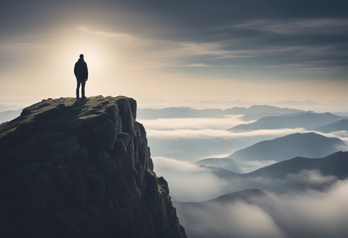 A lone figure stands on a mountain peak, looking out at the vast horizon, symbolizing resilience and strength in the face of adversity