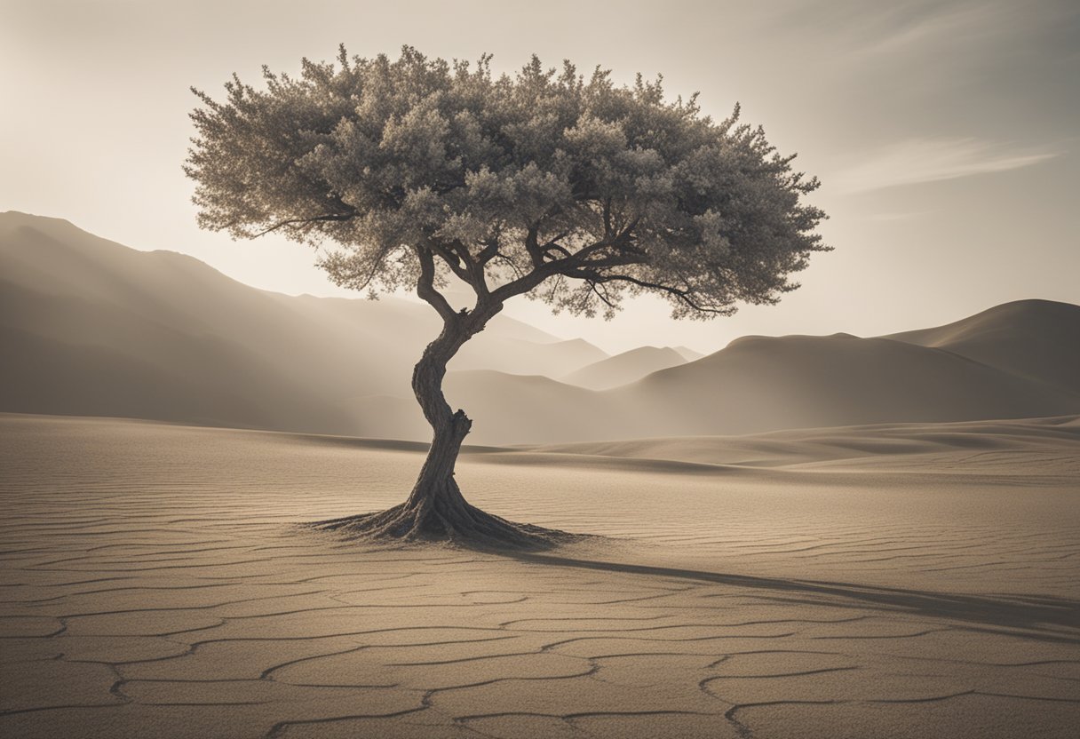 A lone tree standing tall amidst a barren landscape, with a single flower blooming at its base, symbolizing resilience and renewal