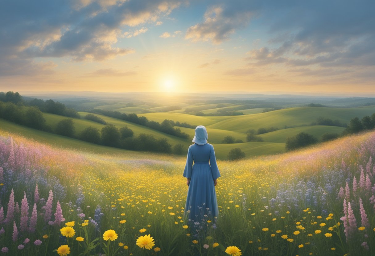A serene figure standing in a field of wildflowers, gazing at the horizon with a sense of peace and gratitude