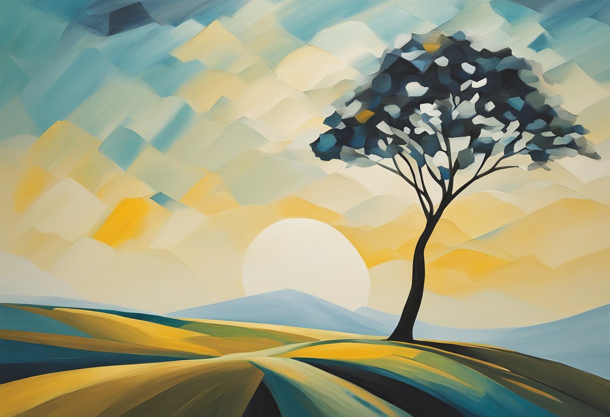 A lone tree stands tall, its branches reaching towards the sky. A winding path leads to a mountain peak, symbolizing the journey of self-improvement for a male cancer thriver