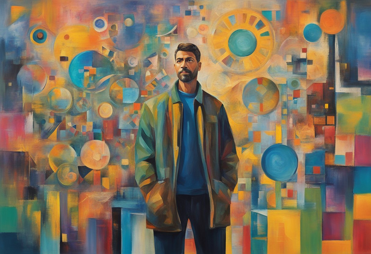 A man standing tall, surrounded by vibrant colors and symbols of strength, resilience, and hope, representing his journey as a cancer thriver