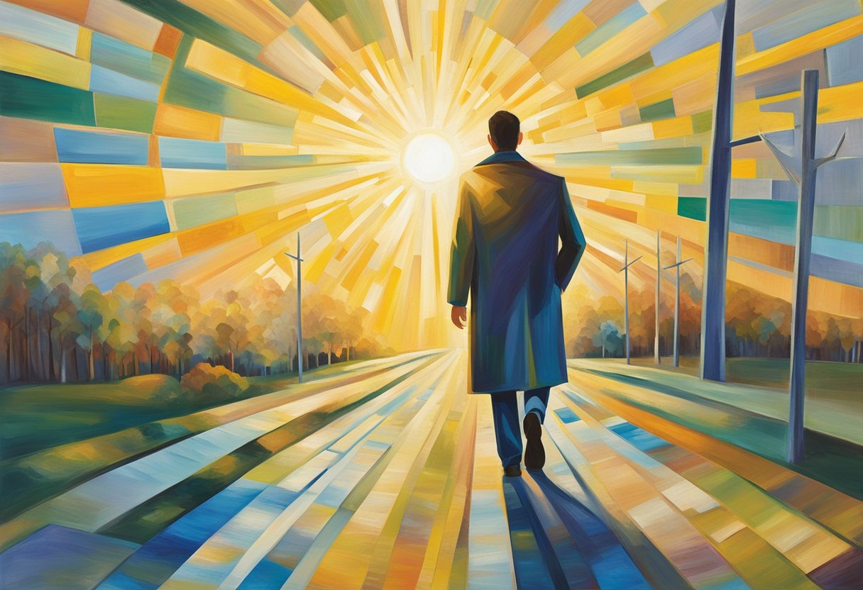 A man stands at a crossroads, one path leading to a hospital and the other to a bright, hopeful future. The sun shines down, symbolizing his journey from cancer treatment to survivorship and self-improvement