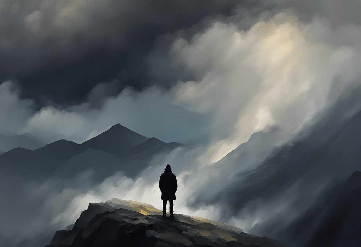 A lone figure stands atop a mountain, surrounded by dark storm clouds. Despite the adversity, he radiates strength and determination