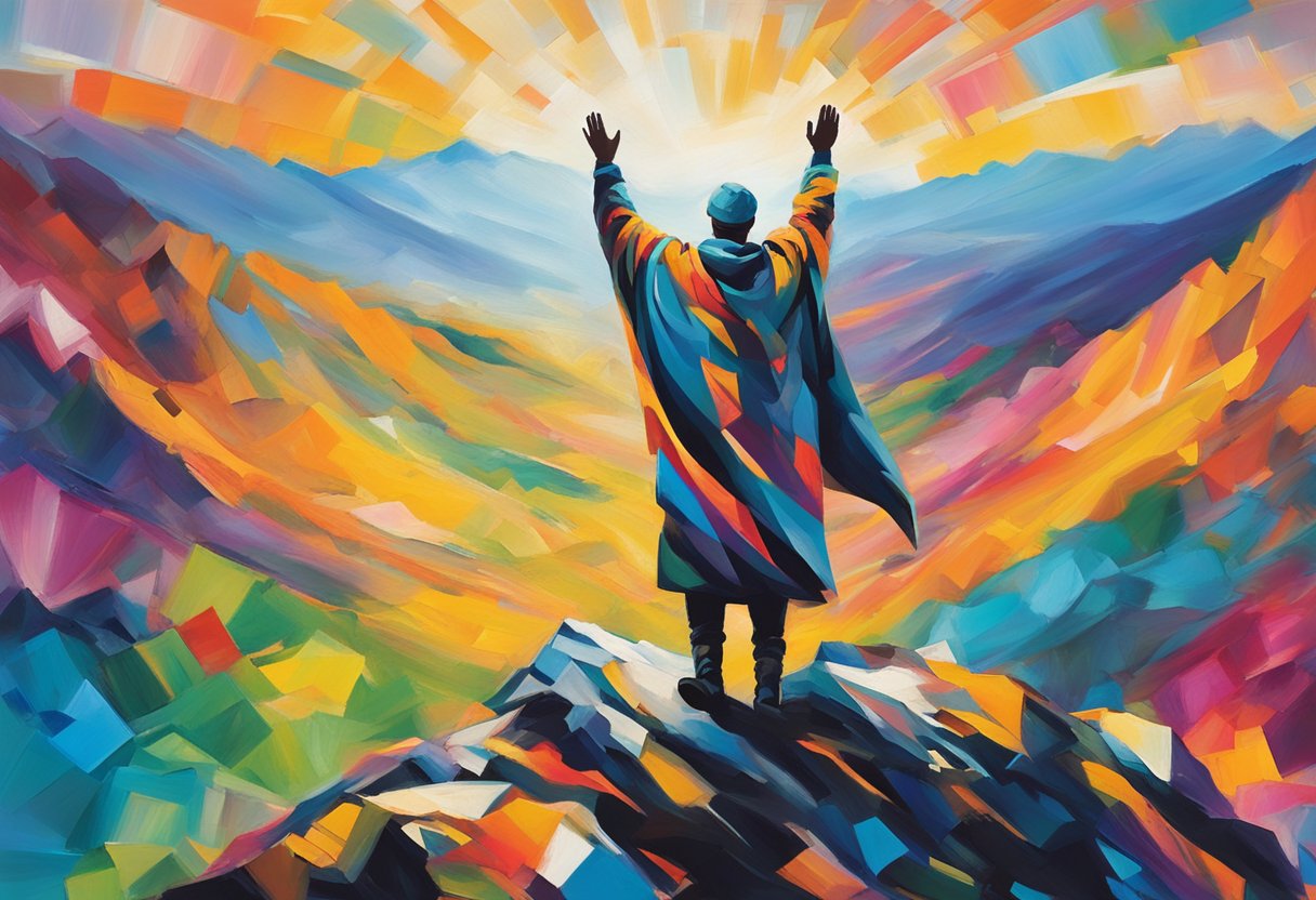 A male cancer warrior standing triumphantly atop a mountain peak, arms raised in celebration, surrounded by a vibrant, majestic landscape