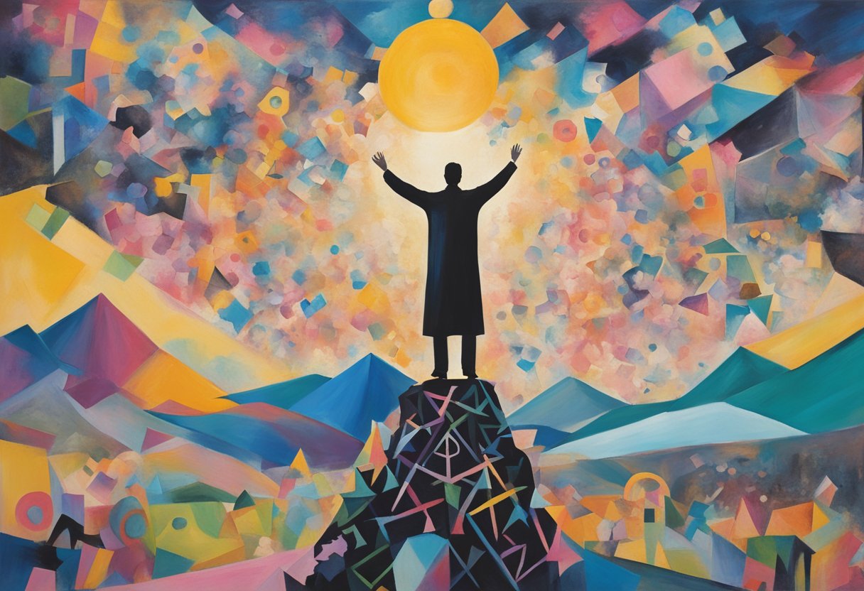 A male figure standing triumphantly atop a mountain, surrounded by symbols of cancer awareness and achievement