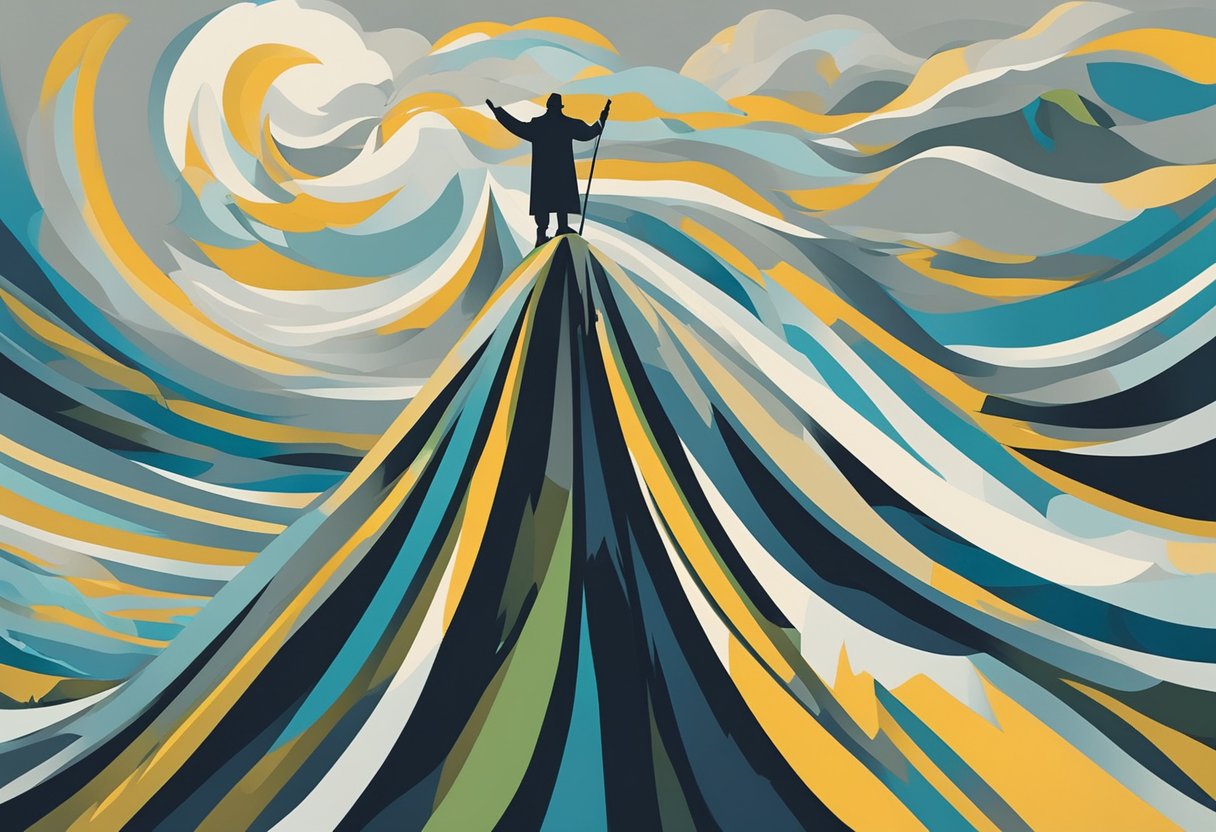 A man standing triumphantly atop a mountain peak, holding a flag aloft in celebration