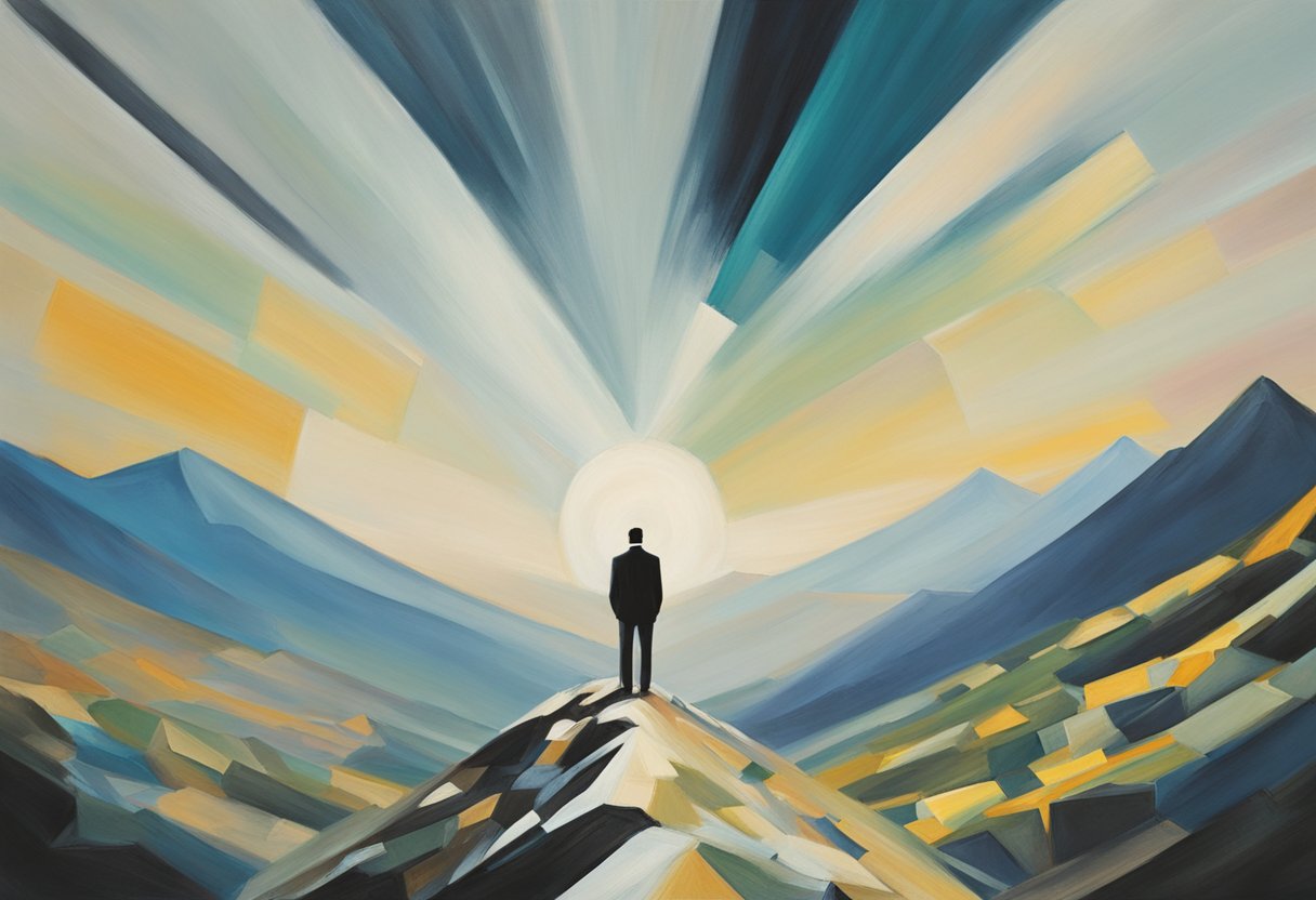 A male figure standing triumphantly at the top of a mountain, with a clear path leading from a hospital to the peak