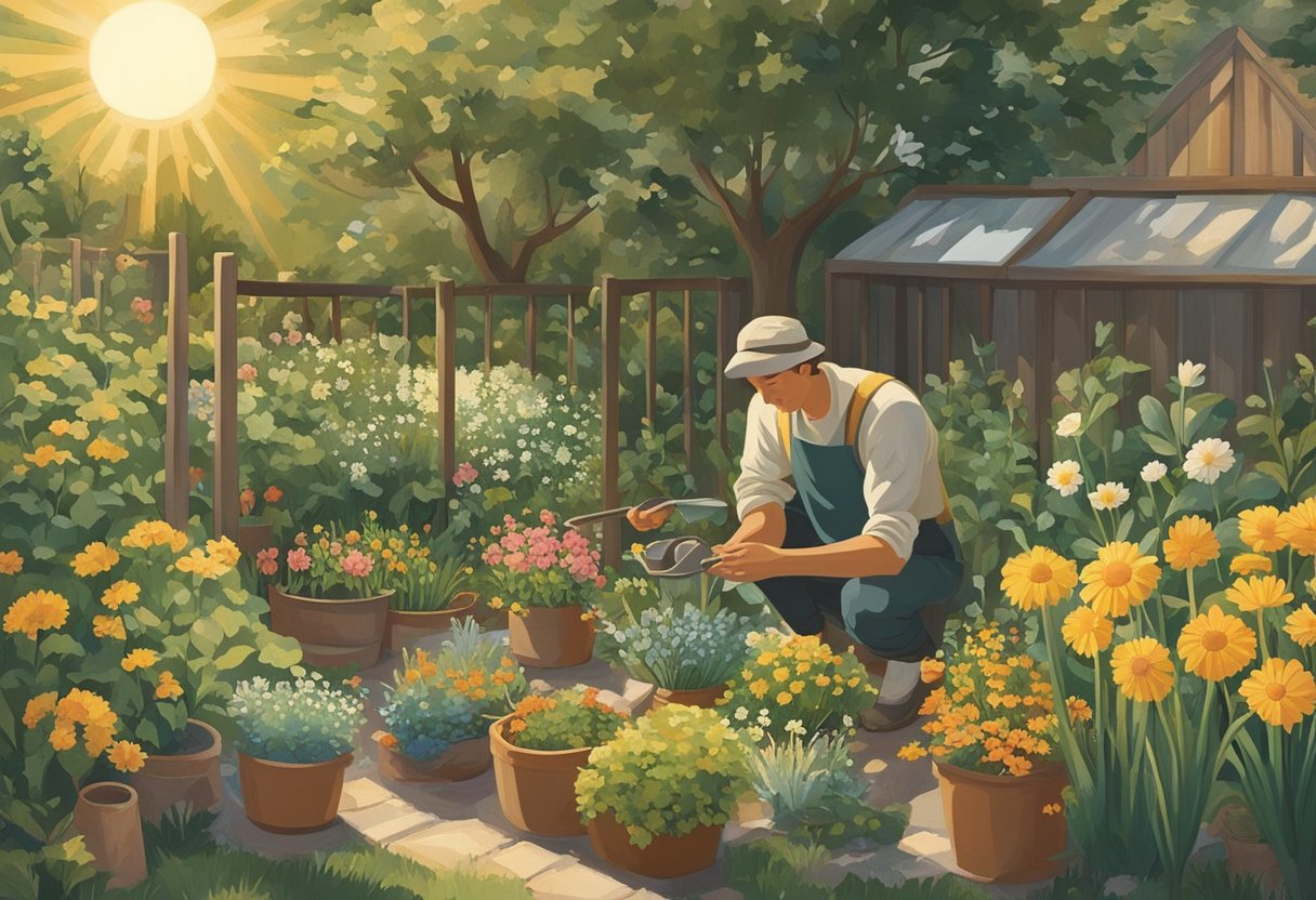 A man tending to a garden, carefully nurturing the plants and flowers, surrounded by tools and pots. The sun is shining, and there is a sense of peace and determination in his expression