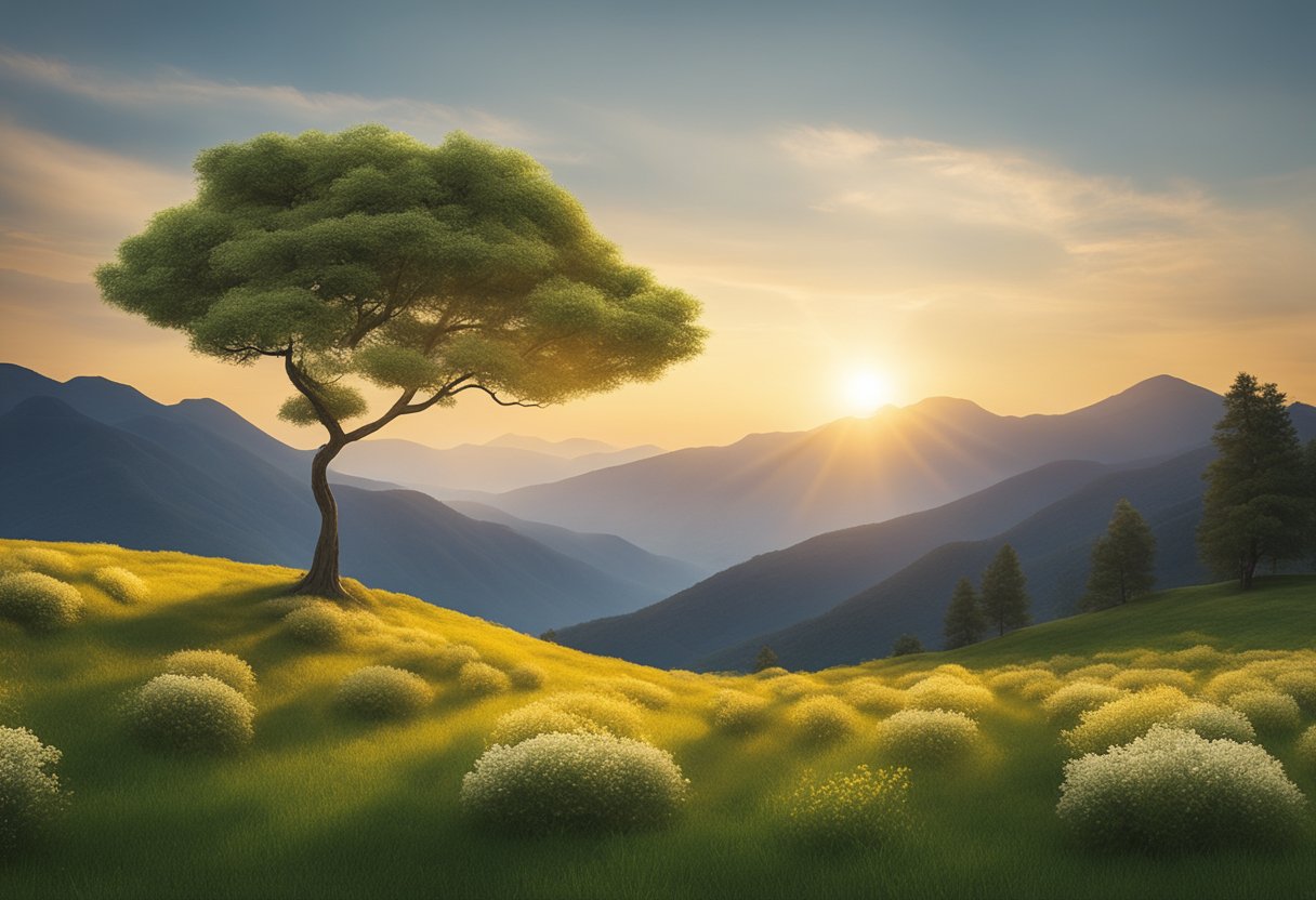 A serene garden with a lone tree, symbolizing resilience. The sun sets behind a mountain, casting a warm glow over the peaceful landscape