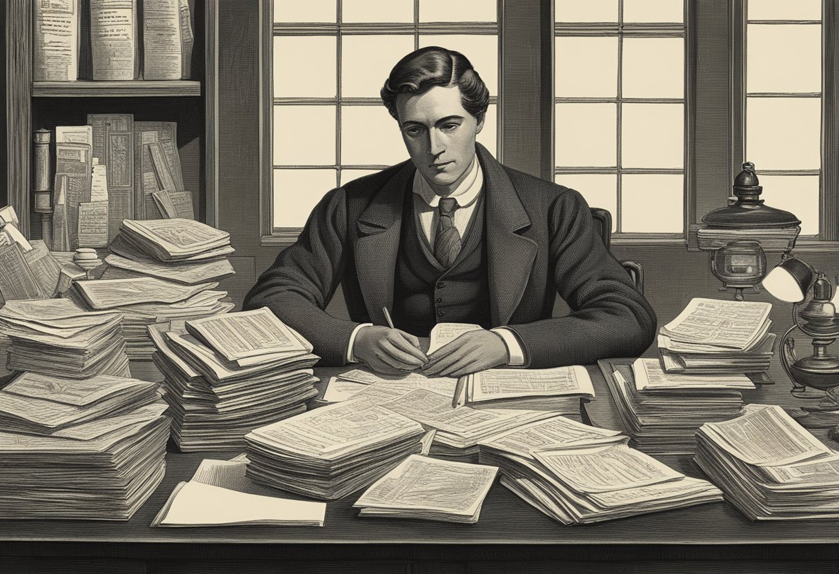 A male figure sits at a desk, surrounded by medical pamphlets and notes. He is researching treatment options, with a determined look on his face