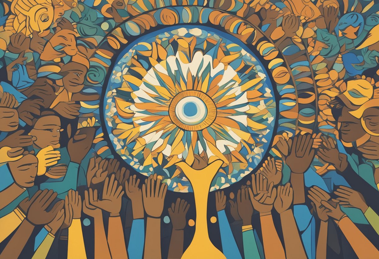 A group of diverse figures surround and uplift a central figure, symbolizing the power of support and community in healing