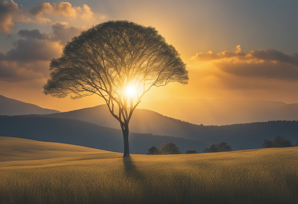 A lone tree stands tall, its branches reaching towards the sky. A vibrant sun shines down, casting a warm glow over the landscape, symbolizing hope and strength in the fight against cancer