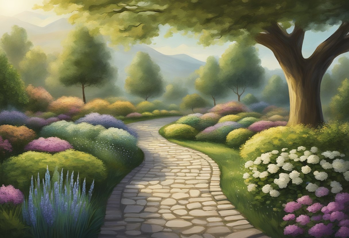 A serene landscape with a winding path leading through a peaceful garden, symbolizing the journey of forgiveness in cancer thriver